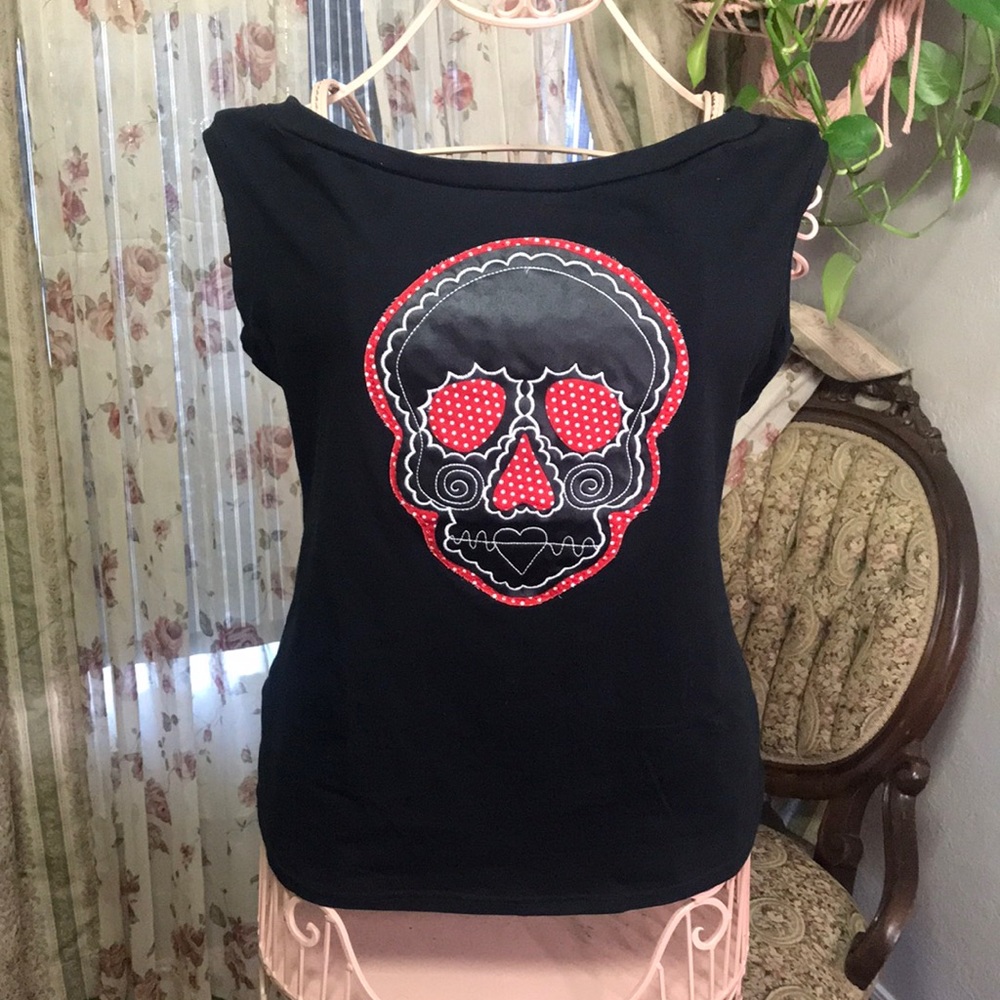 Pinky Pin-Ups Sugar Skull Boat Neckline T-shirt